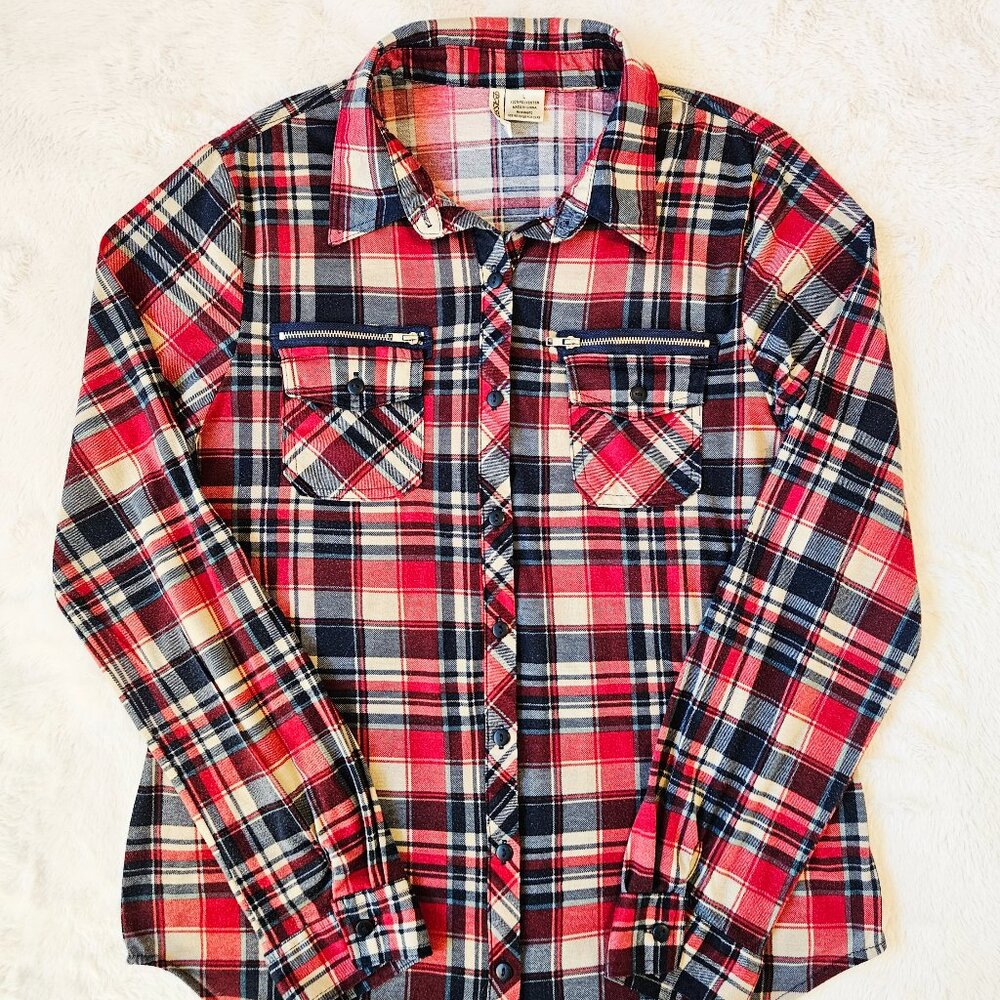 Passport Women's Plaid Flannel Shirt Stretch Long Sleeve Tight-fitting Size L